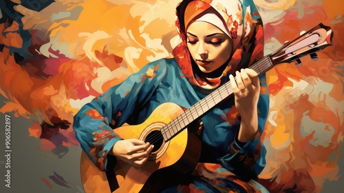 Illustration of the Artistic Expression exhibition of a woman wearing a hijab, playing the guitar