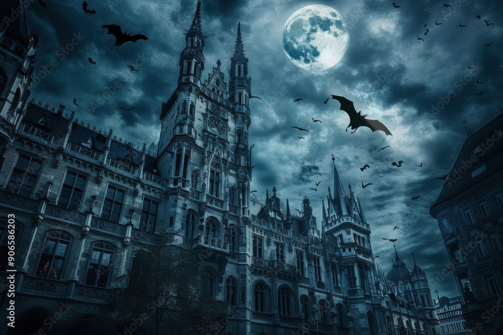A dramatic night scene featuring a gothic castle with bats flying under a full moon and eerie cloud cover. A dramatic night scene featuring a gothic castle with bats flying under a full moon and eerie cloud cover.