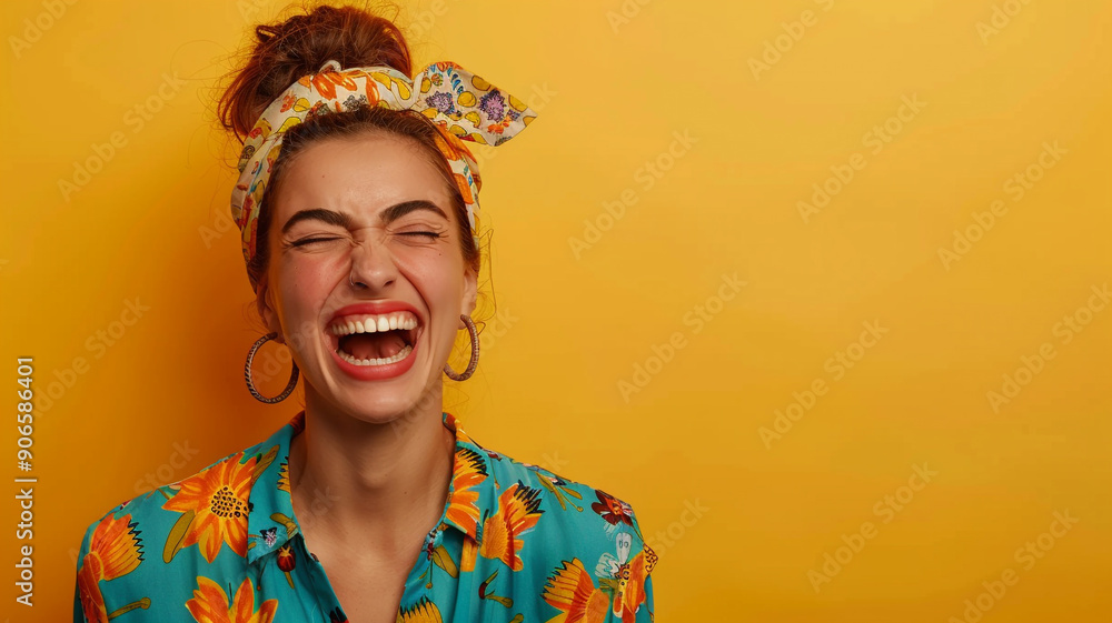 Fototapeta premium Happy optimistic woman in colorful clothes isolated on yellow background