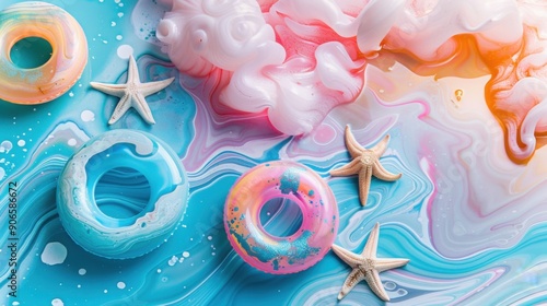 Luxurious Inflatable Swim Rings with Seashells and Starfish on Marble Background photo