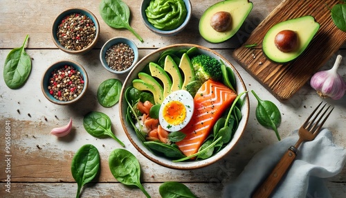A nutritious salad bowl with avocado, boiled egg, salmon, and fresh greens.
