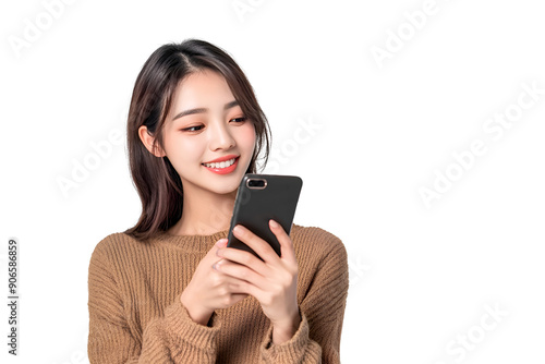 Smilling Asian beauty woman with smartphone isolated on white