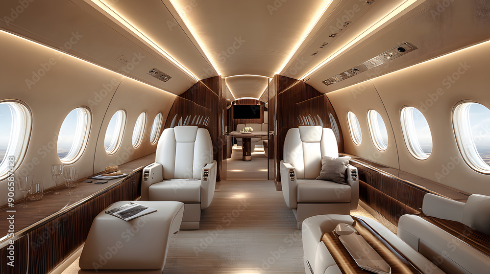 Fototapeta premium Luxurious private jet interior showcasing opulent design with plush seating, elegant finishes, and unparalleled comfort. High-end travel concept AI image