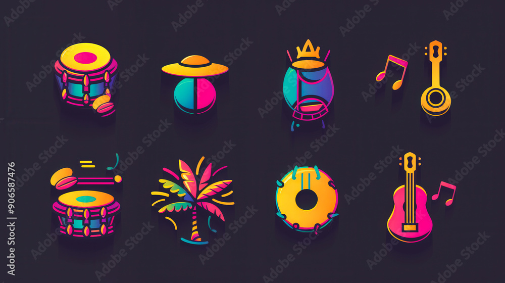 Fototapeta premium A set of colorful icons for various musical instruments and a guitar
