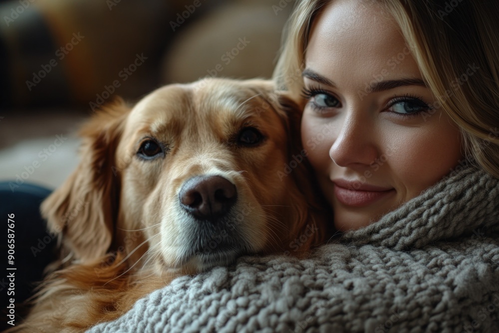 A loving dog and its owner share a tender moment in a cozy home setting, with the dog leaning in for a cuddle. The warm, natural light creates an inviting and comforting atmosphere, emphasizing the A loving dog and its owner share a tender moment in a cozy home setting, with the dog leaning in for a cuddle. The warm, natural light creates an inviting and comforting atmosphere, emphasizing the