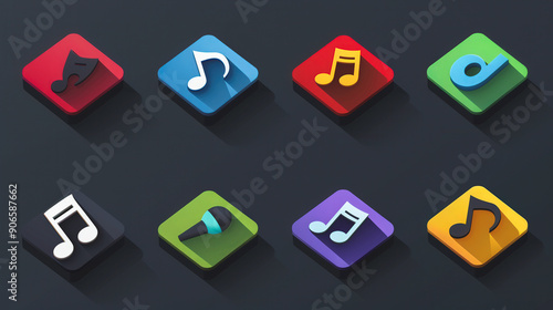 A set of music icons in various colors and shapes