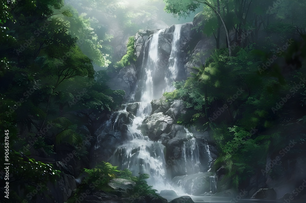 Tranquil Waterfall in a Lush Jungle