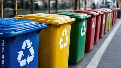 A row of colorful recycling bins for waste segregation, promoting environmental sustainability and responsible waste management.