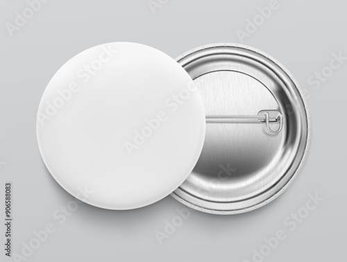 White pin button badge mockup. Vector illustration isolated on grey background. Ready and simple to use for your design. The mock-up will make the presentation look as realistic as possible. EPS10.