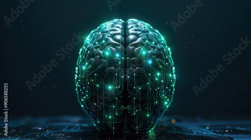 Cuttingedge cognitive AI brain, front view, showcasing neural networks, cybernetic tone, Monochromatic Color Scheme photo