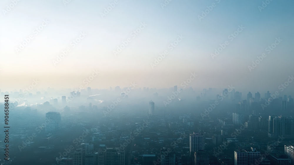 Fototapeta premium Aerial view of a city skyline enveloped in morning mist, creating an ethereal atmosphere of tranquility and urban beauty.