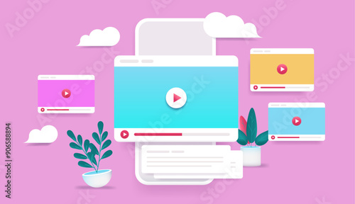 Online video on mobile phone screen - Smartphone with movie player channel and tube windows in semi 3d flat vector design on pink background
