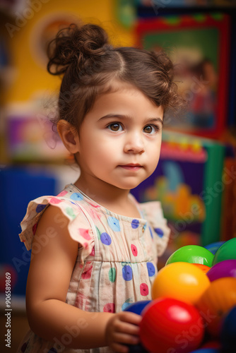 Little girl portrait playing in preschooler first day