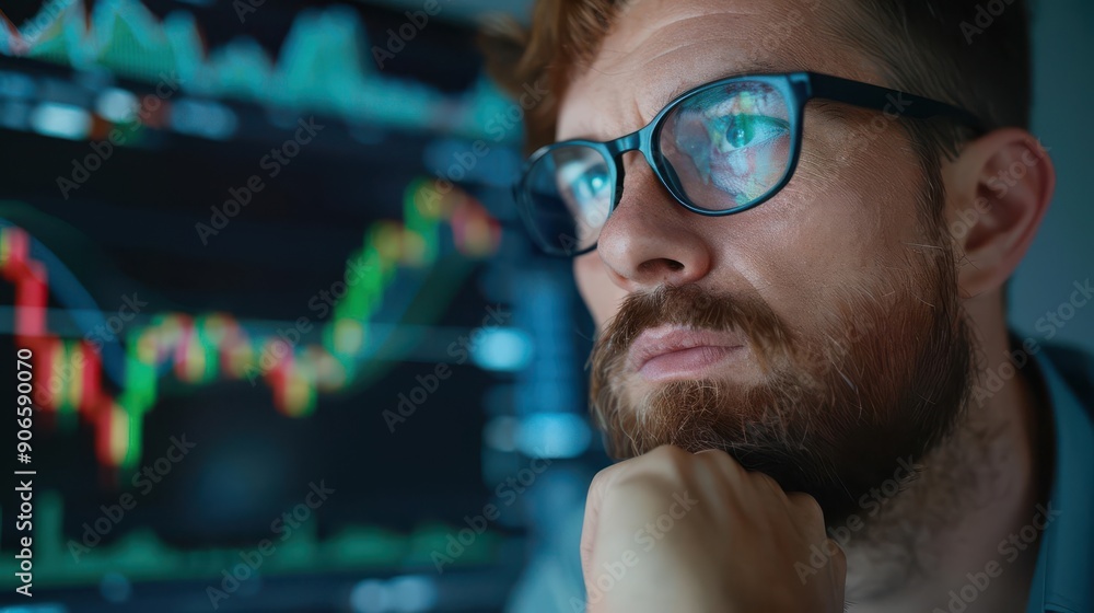 A focused businessman analyzes financial data on his computer screen. A focused businessman analyzes financial data on his computer screen.