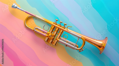 Trumpet on a pastel rainbow background, musical instrument, bold and colorful.