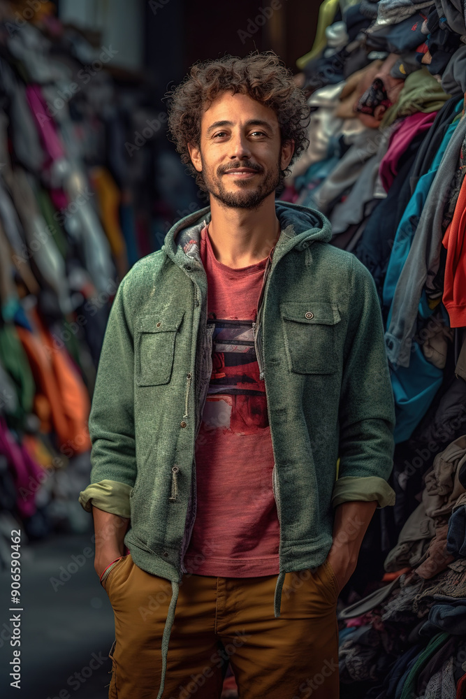 Young man working on reusable clothing plant Young man working on reusable clothing plant