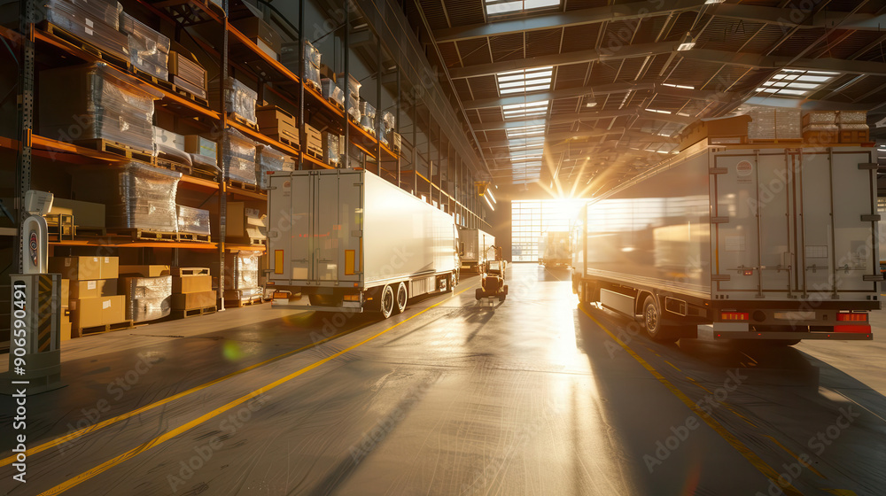 Trucks loading in a large warehouse with sunlight streaming through the open doors. Trucks loading in a large warehouse with sunlight streaming through the open doors.