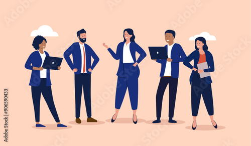 Businesspeople team talking - Group and team of five white collar people using computers talking and doing business together at work. Flat design vector illustration