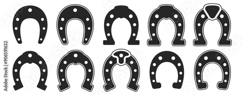 A collection of black, flat horseshoe icons isolated on a white background. These elements symbolize luck or fortune concept. Vector illustration