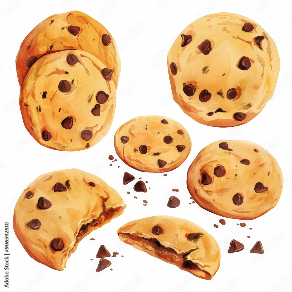 Delightful Watercolor Chocolate Chip Cookies Clipart - Playful Dessert Elements Isolated on White Background Delightful Watercolor Chocolate Chip Cookies Clipart - Playful Dessert Elements Isolated on White Background