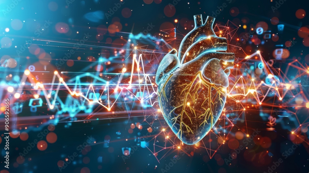 The Heart of Technology: A digitally rendered human heart pulses with vibrant energy, surrounded by abstract data and glowing lines. It symbolizes the interconnectedness of technology and health, rep The Heart of Technology: A digitally rendered human heart pulses with vibrant energy, surrounded by abstract data and glowing lines. It symbolizes the interconnectedness of technology and health, rep
