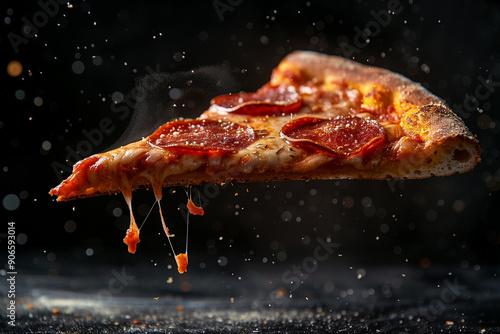 Slice of flying pepperoni pizza with mozzarella cheese on black background photo