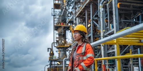 Smiling Girl in Protective Gear at Marine Construction Refinery Site.Generated image