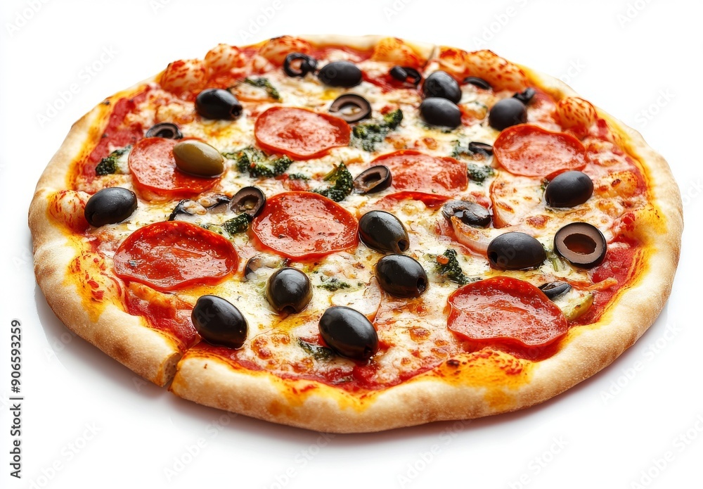 A vegetarian pizza with champignon mushrooms, tomatoes, mozzarella, peppers, and black olives A vegetarian pizza with champignon mushrooms, tomatoes, mozzarella, peppers, and black olives