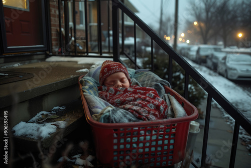 Foundling baby wrapped in blanket, lying in basket on doorstep at night, illuminated by warm glow from nearby house, evoking feelings of compassion and concern for vulnerable
