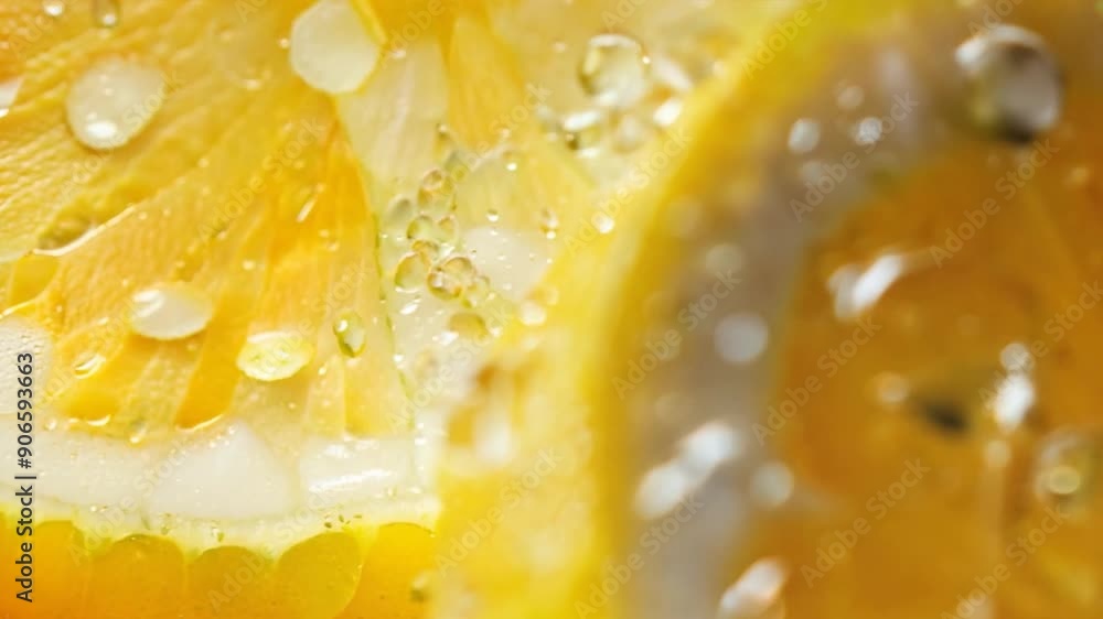 A close-up view of a freshly cut lemon, its juicy segments glistening with tiny water droplets. A close-up view of a freshly cut lemon, its juicy segments glistening with tiny water droplets.