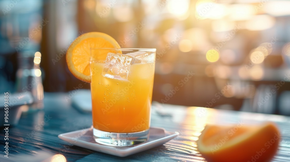 A glass of juice and fresh orange fruit closeup view on table in a restaurant bar A glass of juice and fresh orange fruit closeup view on table in a restaurant bar