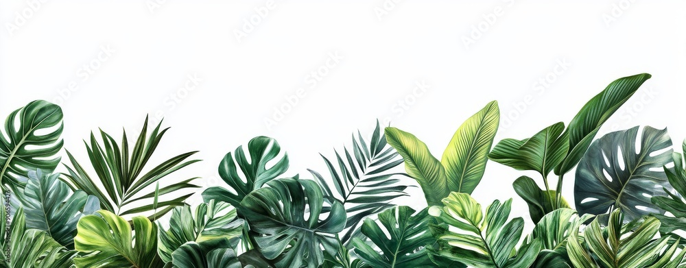 An assortment of lush green tropical plants (monstera, palm, rubber plant, pine and fern) that have been cut out An assortment of lush green tropical plants (monstera, palm, rubber plant, pine and fern) that have been cut out