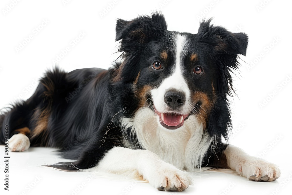 Happy border collie dog smiling on grey background Happy border collie dog smiling on grey background