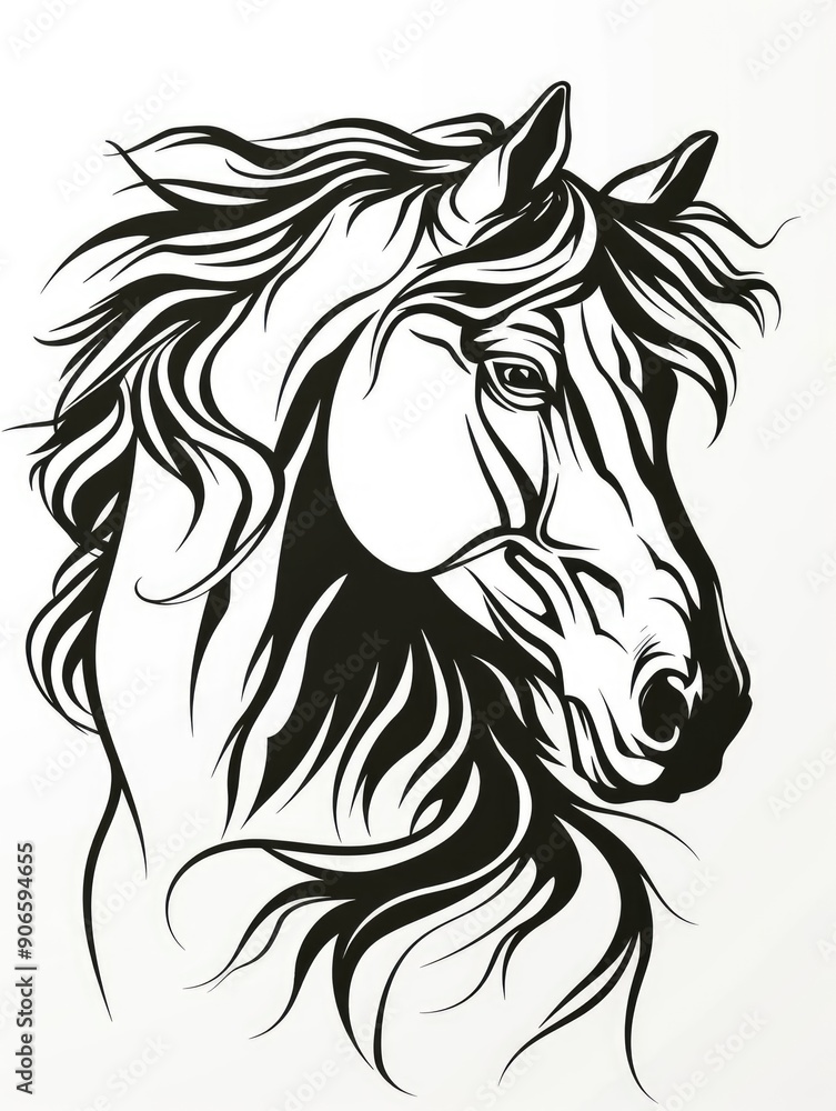 Black and white horse illustration with flowing mane in artistic style, as a tattoo template Black and white horse illustration with flowing mane in artistic style, as a tattoo template
