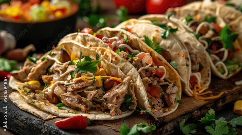 Delicious tacos filled with flavorful meat, fresh vegetables, and garnished with herbs on a rustic wooden board. Delicious tacos filled with flavorful meat, fresh vegetables, and garnished with herbs on a rustic wooden board.