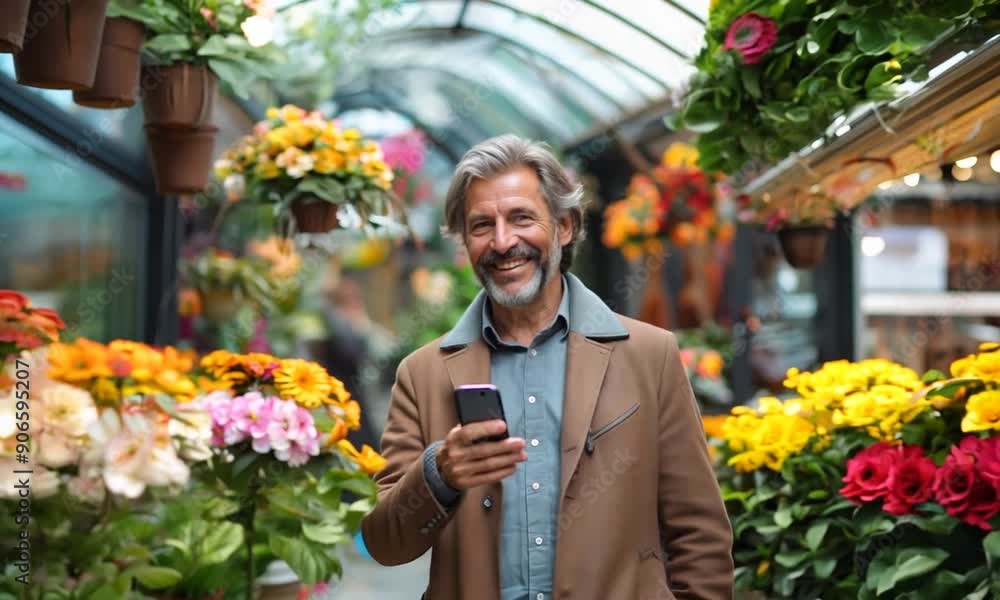 Smiling Man Using a Smartphone at a Flower Market Smiling Man Using a Smartphone at a Flower Market