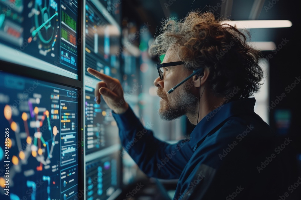 A person engages with digital screens showing complex data visualizations and analytics in a sleek, modern environment, highlighting the intricacies of data monitoring. A person engages with digital screens showing complex data visualizations and analytics in a sleek, modern environment, highlighting the intricacies of data monitoring.