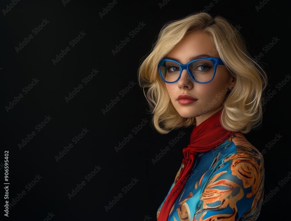 Stylish blonde woman wearing bold red lipstick and blue sunglasses, posing with confidence in a colorful outfit on a dark background. Copy space. Stylish blonde woman wearing bold red lipstick and blue sunglasses, posing with confidence in a colorful outfit on a dark background. Copy space.