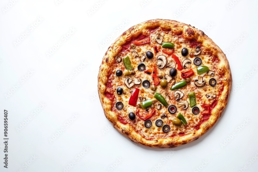White background with mushrooms, tomatoes, mozzarella, peppers, and black olives on a delicious vegetarian pizza White background with mushrooms, tomatoes, mozzarella, peppers, and black olives on a delicious vegetarian pizza
