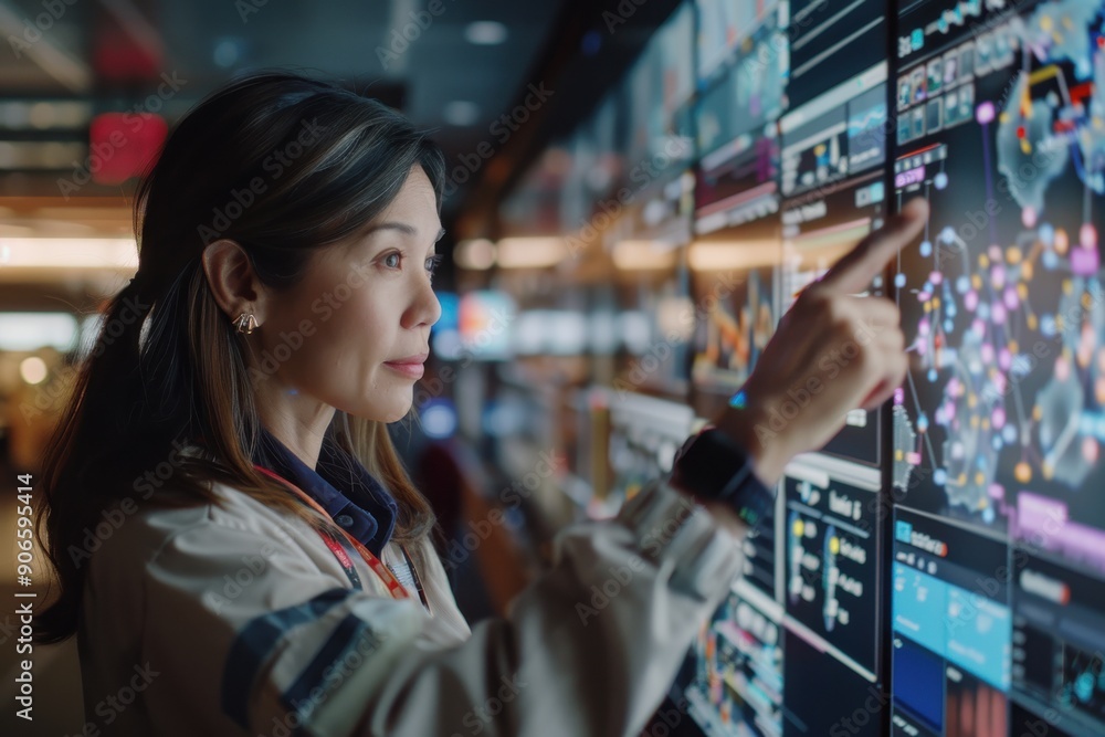 A woman in a modern control room is pointing at a large interactive data screen filled with various data visualizations and charts, representing monitoring and analytics. A woman in a modern control room is pointing at a large interactive data screen filled with various data visualizations and charts, representing monitoring and analytics.