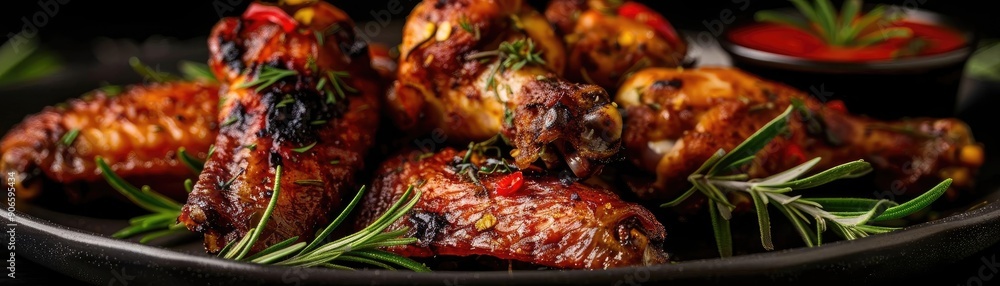 Deliciously grilled chicken wings garnished with herbs, served with a spicy sauce. Perfect for gatherings and barbecues. Deliciously grilled chicken wings garnished with herbs, served with a spicy sauce. Perfect for gatherings and barbecues.