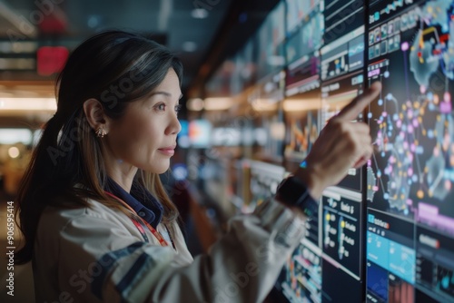 A woman in a modern control room is pointing at a large interactive data screen filled with various data visualizations and charts, representing monitoring and analytics.