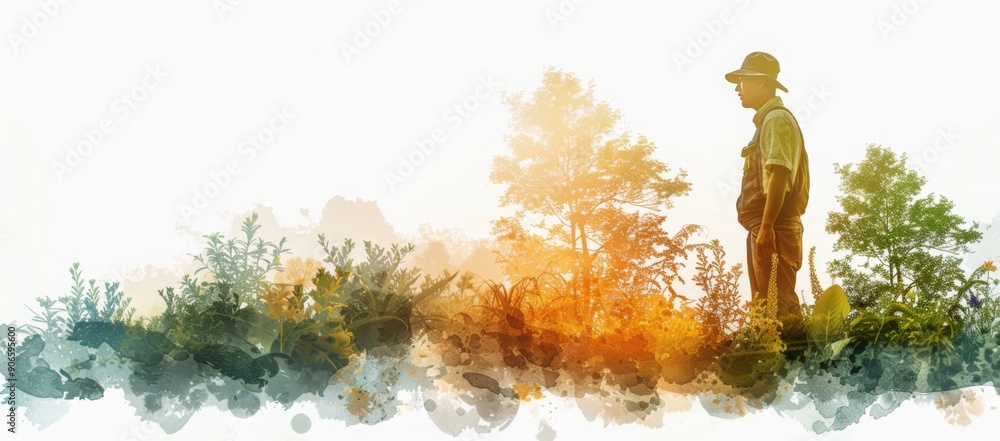 Fototapeta premium Double exposure illustration featuring a farmer standing in a field of greenery at sunset
