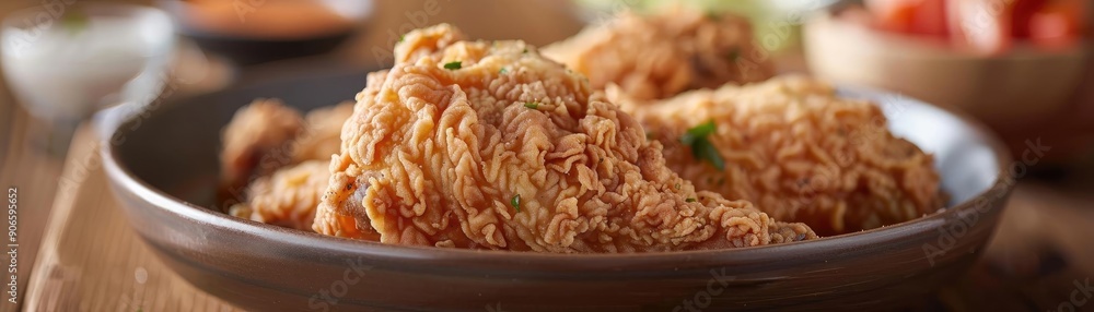 Deliciously crispy fried chicken served on a rustic plate, perfect for a comforting meal or family gathering. Deliciously crispy fried chicken served on a rustic plate, perfect for a comforting meal or family gathering.