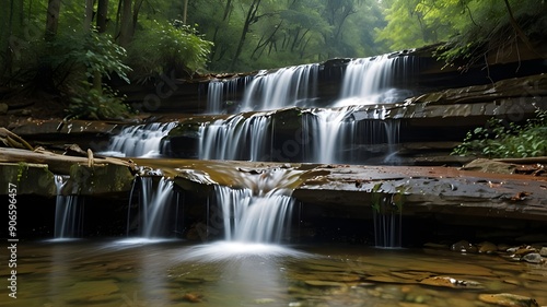 A dramatic waterfall plunging through a dense, verdant forest, with sunlight filtering through the trees and reflecting off the cascading water 