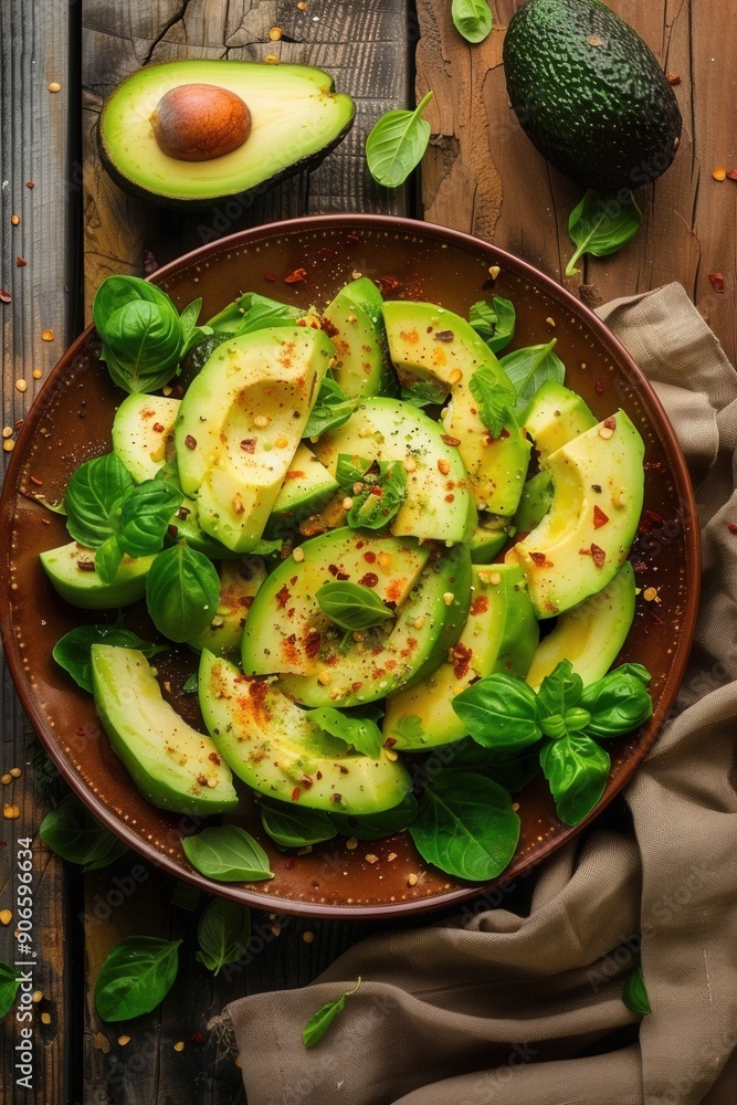 Salad with fresh avocado fruit closeup view Salad with fresh avocado fruit closeup view