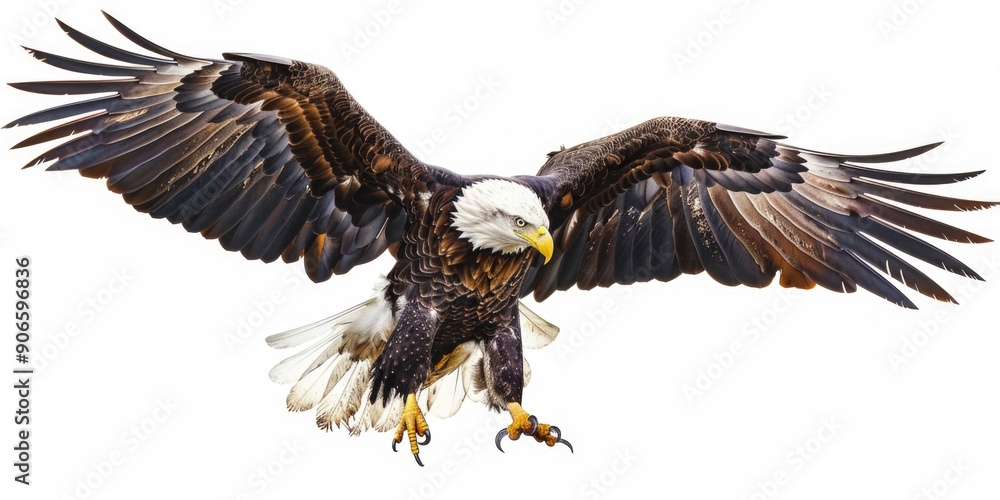 Fototapeta premium A bald eagle soaring through the air with its wings spread, perfect for wildlife or nature themes