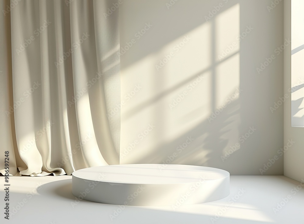 Fototapeta premium Minimalist White Studio with Circular Podium and Soft Sunlight