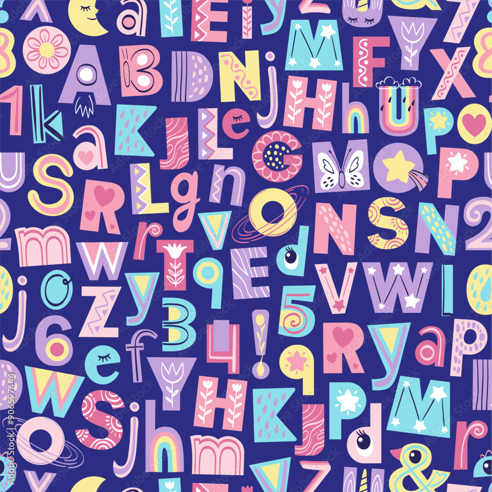 Abstract alphabet seamless pattern. Hand drown illustration of letters and numbers Abstract alphabet seamless pattern. Hand drown illustration of letters and numbers