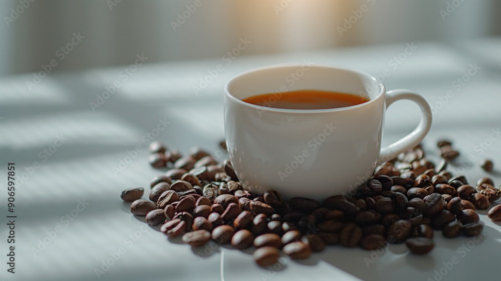 Cup of coffee with coffee beans on white table Cup of coffee with coffee beans on white table